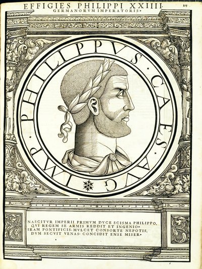 Philippus, illustratie uit Imperatorum romanorum omnium orientalium et occidentalium verissimae imagines ex antiquis numismatis door Hans Rudolf Manuel Deutsch